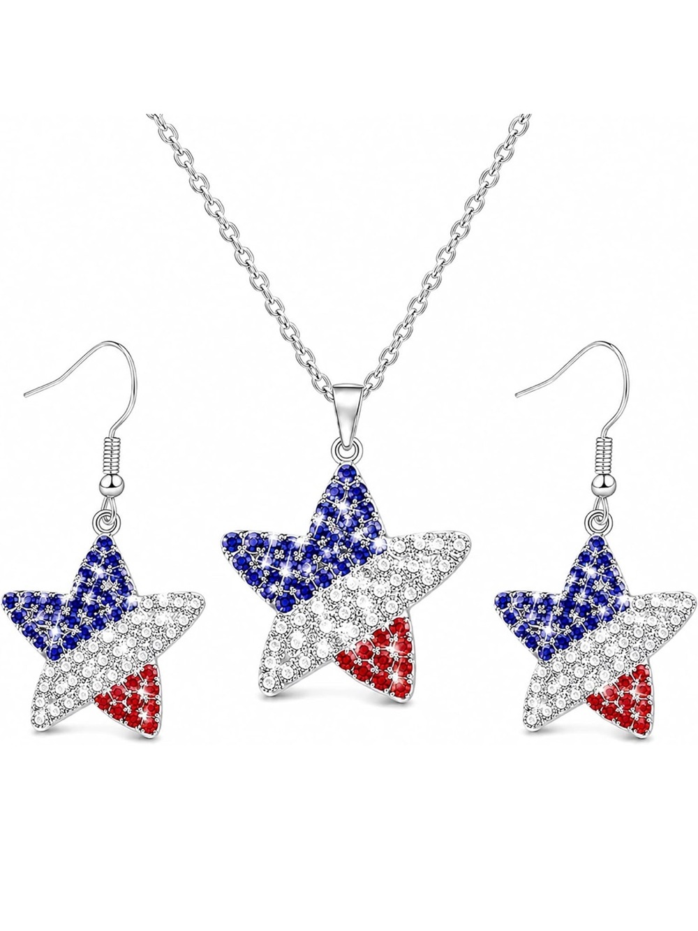 Anthropologie Red White Blue Star Necklace & Earrings Set